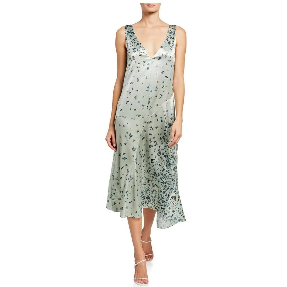 Vince Scattered Floral Satin Green Aloe Midi Dress, Size S, New with Tag